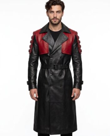 Black & Red Leather Trench Coat Gothic Steampunk Cosplay