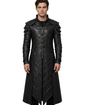 Genuine Black Leather Gothic Warrior Trench Coat Medieval Fantasy