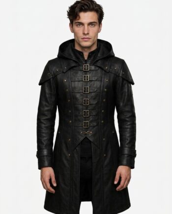 Genuine Leather Gothic Trench Coat Hooded Steampunk LARP