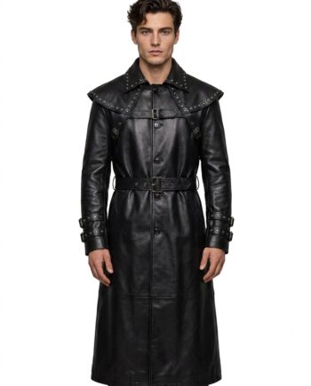 Black Hooded Leather Trench Coat Gothic Steampunk Studded Costume