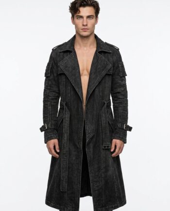 Men's Black Gothic Leather Trench Coat Long Duster Jacket