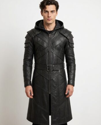 Men’s Black Hooded Real Leather Trench Coat Gothic Cosplay