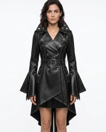 Vegan Leather Gothic Trench Coat with Steampunk Eyelet Hood