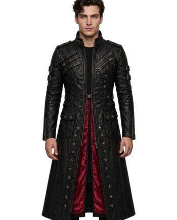 Gothic Trench Coat Genuine Black Cowhide Leather Unisex
