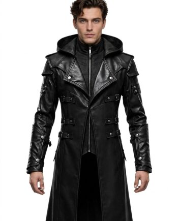 Men's Black Leather Hooded Trench Coat | Gothic Vampire Assassin Cloak