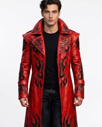 Men's Leather Flame Trench Coat – Handmade Red Flame Gothic Duster