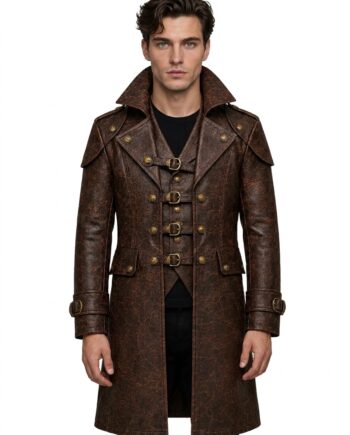 Men's Brown Distressed Buffalo Leather Steampunk Trench Coat