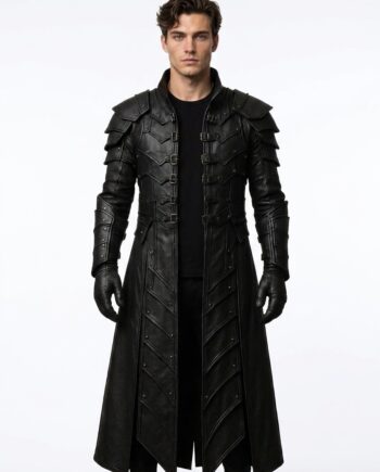 Men’s Black Leather Gothic Warrior Medieval Armor Trench Coat