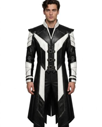 Gothic Cyberpunk Faux Leather Trench Coat Black White Duster