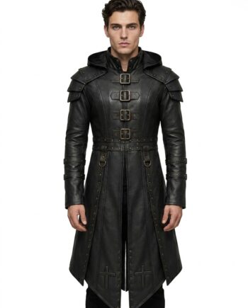 Women’s Hooded Gothic Leather Coat Medieval Fantasy Cosplay