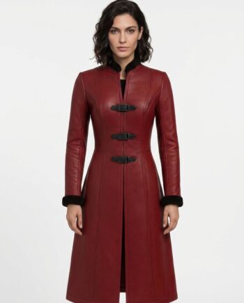 Red Leather Trench Coat with Black Fur Collar