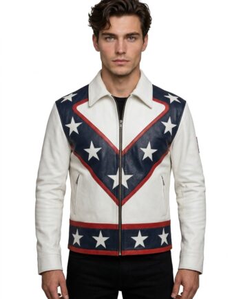Evel Knievel White and Blue Biker Leather Jacket