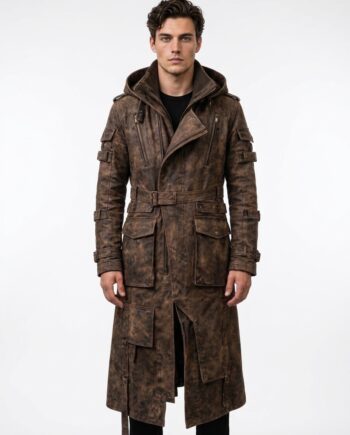 Men's Brown Sheepskin Leather Hooded Trench Coat