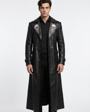 Men's Gothic Leather Coat Skull Embroidered Long Trench Duster