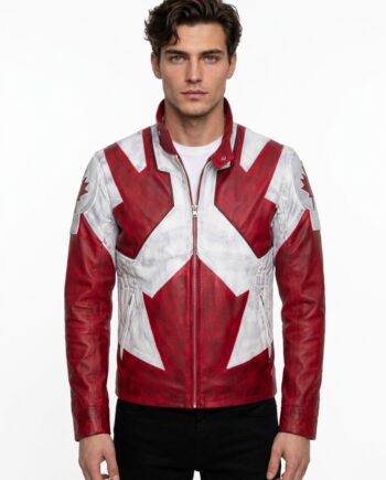 Men’s Canuck Canadian Flag Red and White Leather Jacket