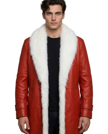 Santa Claus Coat Red Leather with Faux Fur Trim