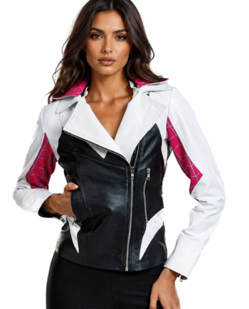 Women’s Spider Gwen Hooded White and Black Leather Jacket