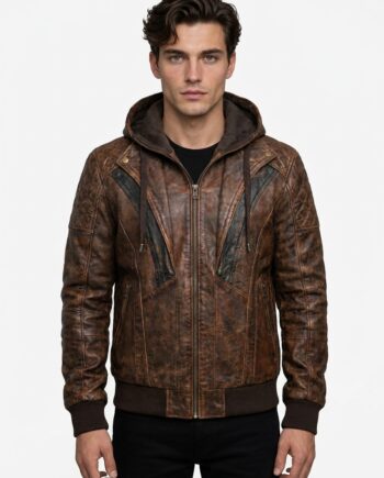 Distressed Brown Leather Hooded Biker Jacket for Men & Women