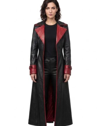 Women's Gothic Leather Trench Coat Black & Red Steampunk Duster