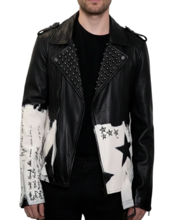 Men’s Star Studded Black Leather Hand Painted Biker Jacket