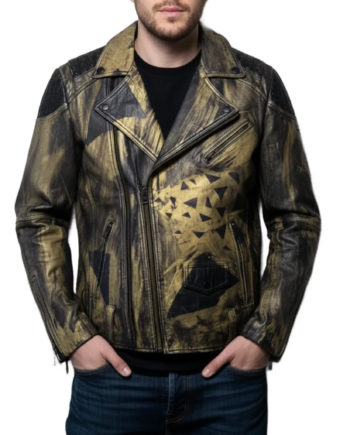 Men’s Black and Gold Hand Painted Studded Leather Biker Jacket