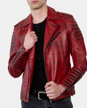Men’s Red Padded Genuine Leather Biker Jacket