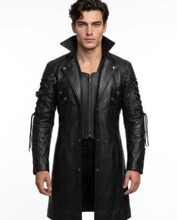 Gothic Steampunk Men's Black Leather Trench Coat