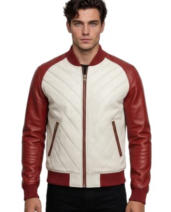 Men’s White and Red Leather Bomber Jacket