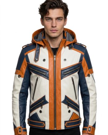 Futuristic Streetwear Leather White Hooded Jacket
