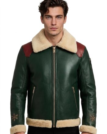 Mens Green Shearling Leather Christmas Jacket