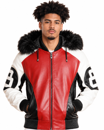 8 Ball Red Fur Hooded Bomber Leather Jacket