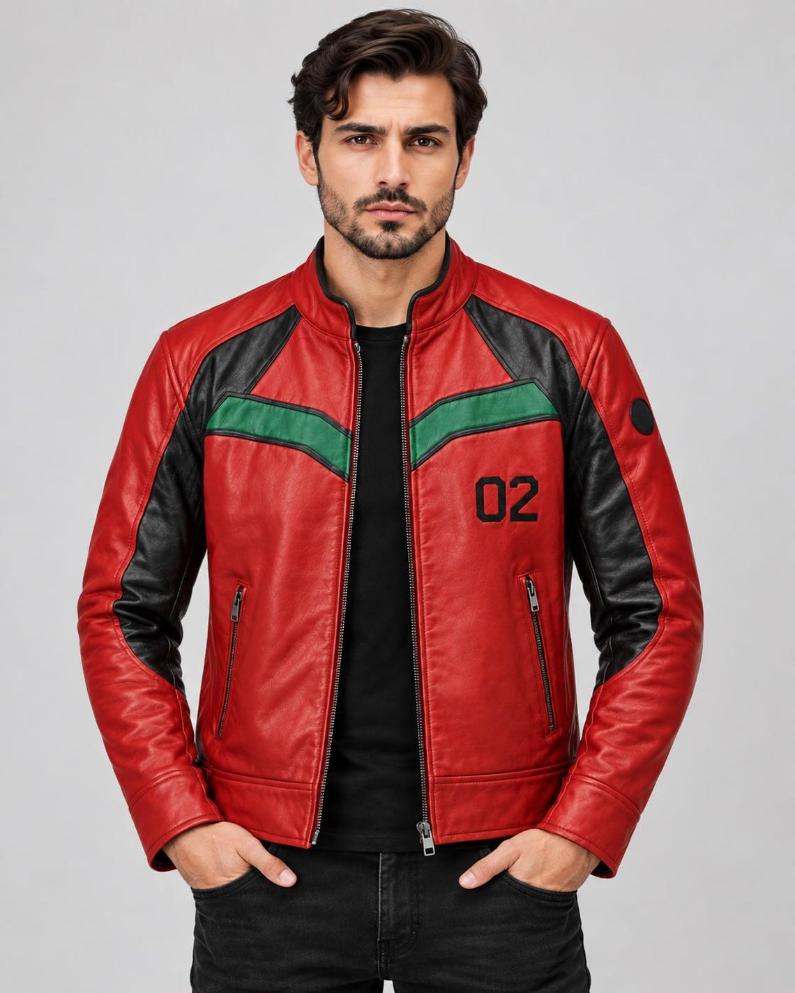 Anime 02 Red Black Gothic Biker Leather Jacket 1 Anime 02 Red Black Gothic Biker Leather Jacket