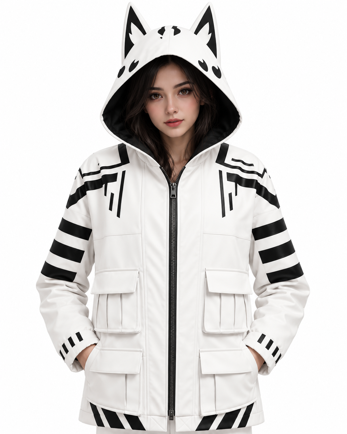 Anime Cat Ear White Black Techwear Hooded Cotton Jacket 1 Anime Cat Ear White Black Techwear Hooded Cotton Jacket