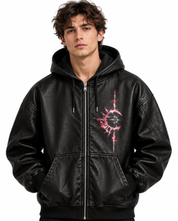 Anime Skeleton Floral Black Hooded Leather Jacket