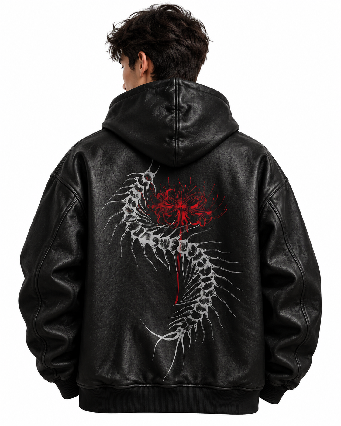 Anime Skeleton Floral Black Hooded Leather Jacket 2 Anime Skeleton Floral Black Hooded Leather Jacket