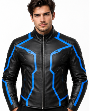 Futuristic Superhero Black Blue Cosplay Leather Jacket
