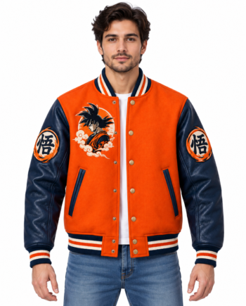 Goku Dragon Ball Orange Varsity Wool and Faux Leather Jacket