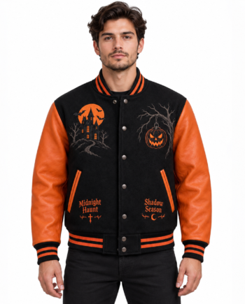 Halloween Haunted House Varsity Wool and Faux Leather Jacket