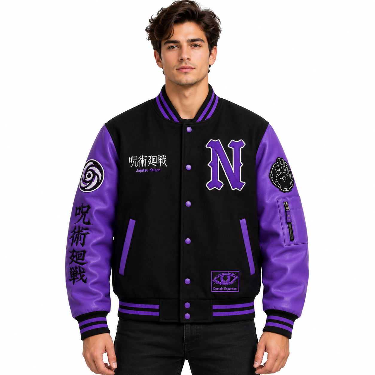 Japanese Anime Black Purple Varsity Wool Jacket 1 Japanese Anime Black Purple Varsity Wool Jacket