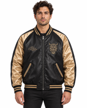Japanese Embroidered Gold Oni Mask Sukajan Jacket