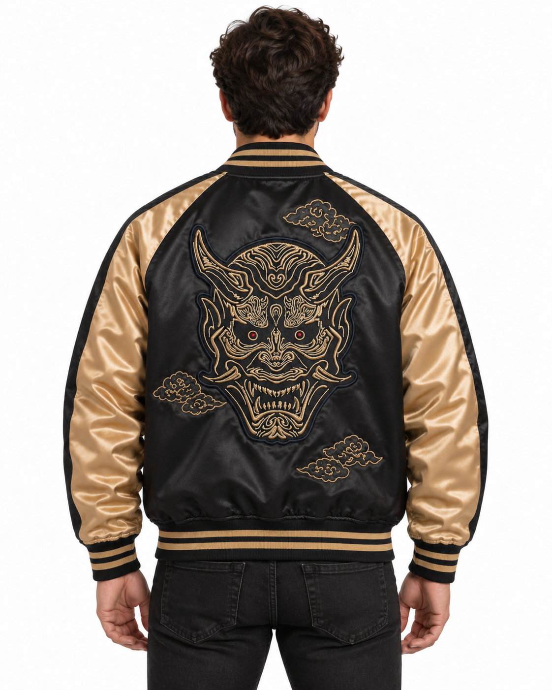 Japanese Embroidered Gold Oni Mask Sukajan Jacket 2 Japanese Embroidered Gold Oni Mask Sukajan Jacket