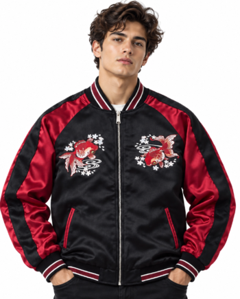 Koi Fish Cherry Blossom Black Sukajan Bomber Satin Jacket