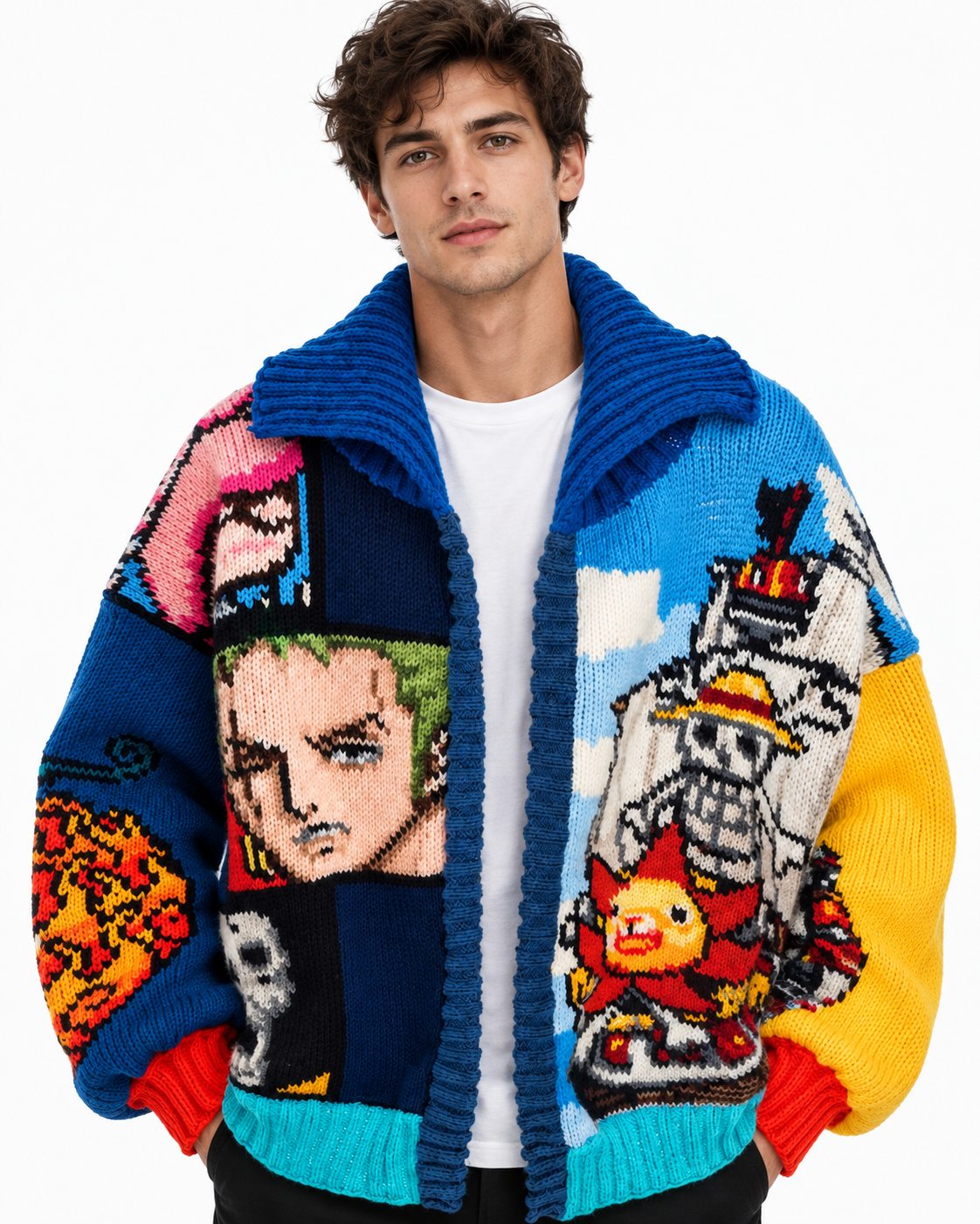 Luffy One Piece Blue Crochet Wool Cardigan 1 Luffy One Piece Blue Crochet Wool Cardigan
