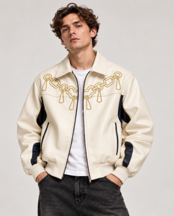 Mahoraga Cream Cropped Bomber Leather Jacket