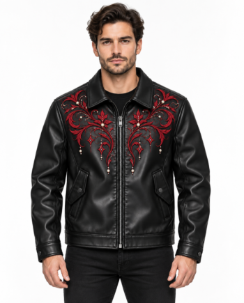 Pearl Black Leather Jacket with Red Embroidery