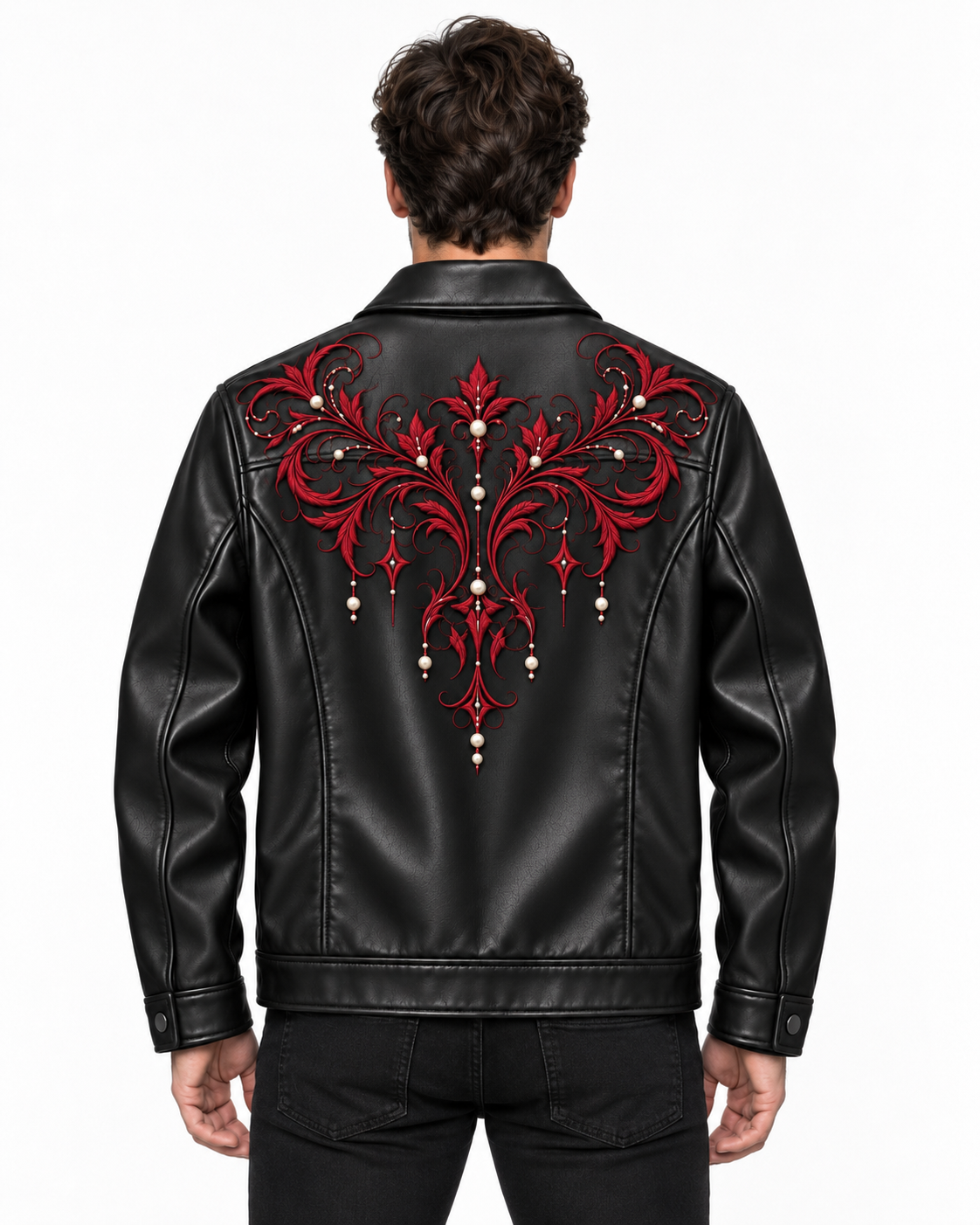 Pearl Black Leather Jacket with Red Embroidery 2 Pearl Black Leather Jacket with Red Embroidery