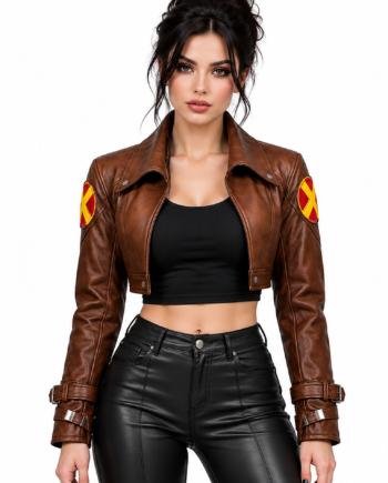 Rogue Marvel Rivals Brown Cropped Biker Leather Jacket