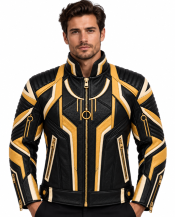 Shinji Black Gold Geometric Biker Leather Jacket