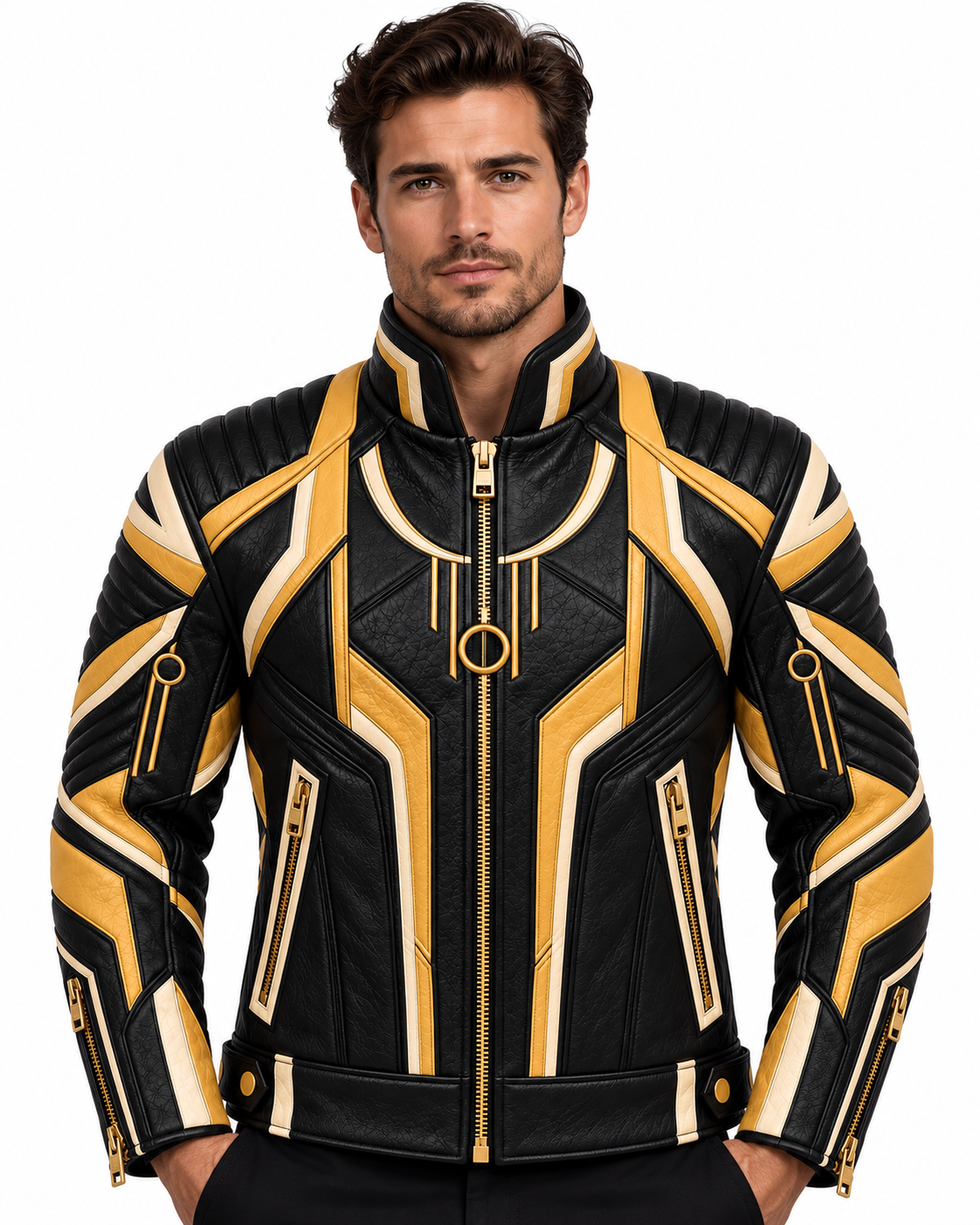 Shinji Black Gold Geometric Biker Leather Jacket 1 Shinji Black Gold Geometric Biker Leather Jacket