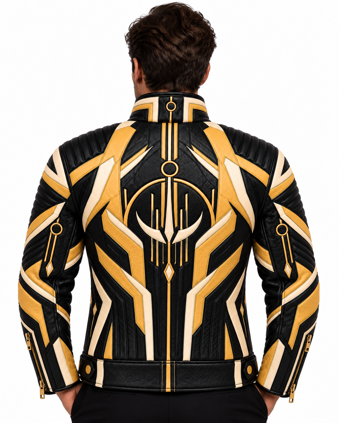 Shinji Black Gold Geometric Biker Leather Jacket 2 Shinji Black Gold Geometric Biker Leather Jacket